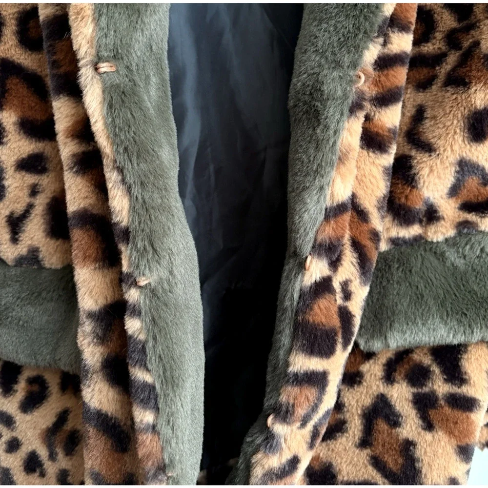 IMOGA Emma Leopard Faux Fur Coat Girls Size 10 Animal Print Jacket Red Trim